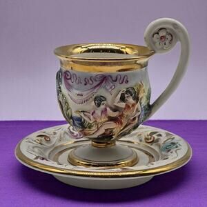 Capodimonte Italian Gilded Demitasse Tea Cup & Saucer Set Mermaid Cherubs Nymphs